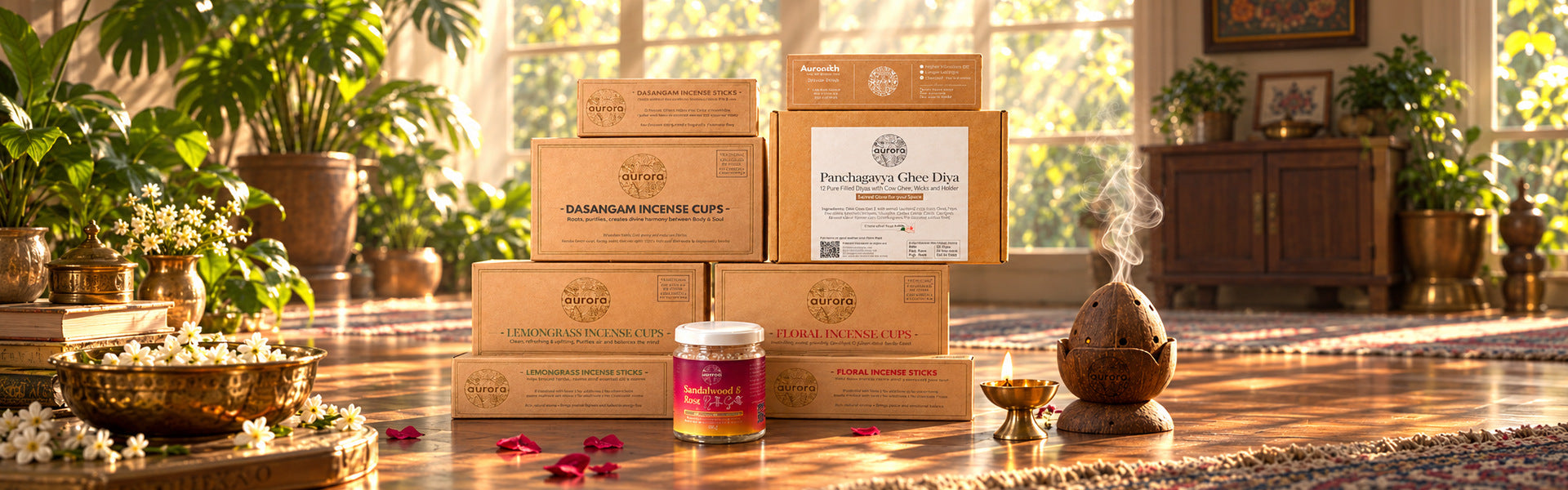 Aurora incense combos with cups, sticks and ghee diya
